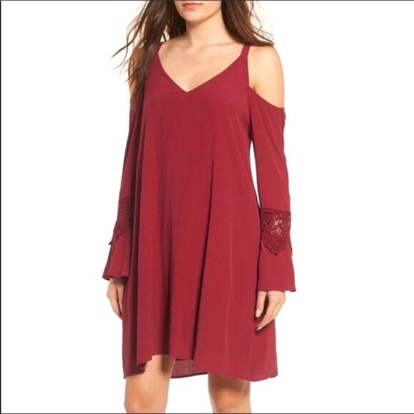 ASTR The Label Burgundy Cold Shoulder Bell Sleeve Mini Dress - Picture 1 of 16